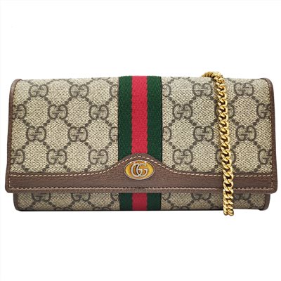 【GUCCI 古馳】546592 Ophidia帆布WOC印花綠紅綠織帶皮革飾邊暗釦肩背/手拿長夾(棕色)