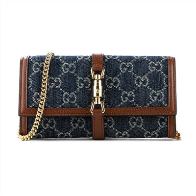 【GUCCI 古馳】652681 經典復古Jackie 1961系列管狀釦環牛仔緹花布面金鍊手拿/斜背兩用包