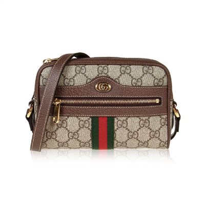 【GUCCI 古馳】經典Minisac Ophidia系列帆布印花綠紅綠織帶皮革飾邊拉鍊斜背包