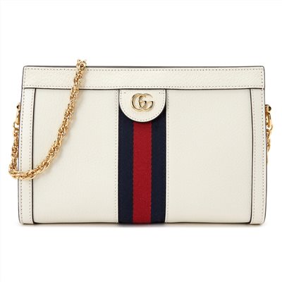 【GUCCI 古馳】503877 經典Ophidia系列GG帆布印花綠紅綠織帶皮革飾邊磁釦手拿/肩背包(白色)