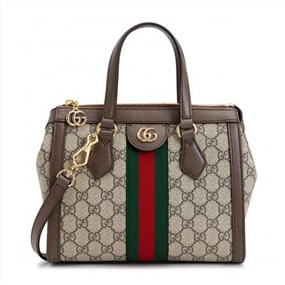 【GUCCI 古馳】547551 經典Ophidia系列綠紅綠織帶皮革飾邊手提/斜背兩用包 (棕色)