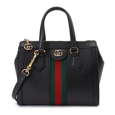 【GUCCI 古馳】719882 經典Ophidia系列綠紅綠織帶皮革飾邊手提/斜背兩用包(黑色)