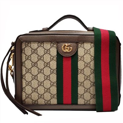 【GUCCI 古馳】550622 經典Ophidia系列帆布印花綠紅綠織帶皮革飾邊拉鍊手提/斜背兩用包