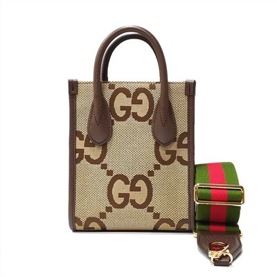 【GUCCI 古馳】699406 新款Jumbo系列綠紅綠寬背帶迷你中性款手提/單肩/斜背手機兩用包(棕色)