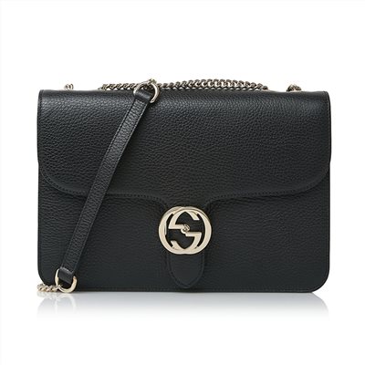 【GUCCI 古馳】510303 經典Interlocking系列雙G LOGO全皮革淡金鍊肩背/斜背包(黑色)