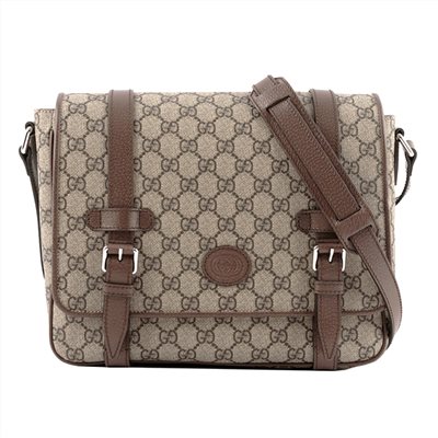 【GUCCI 古馳】 658542 經典GG Supreme印花帆布中性款郵差包 肩背/斜背包(棕色)