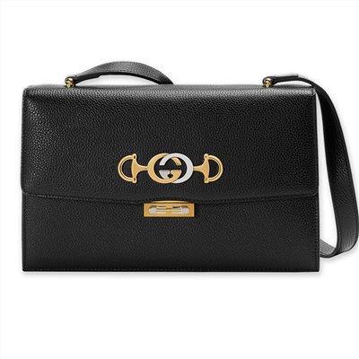 【GUCCI 古馳】575934 經典ZUMI系列金色雙G LOGO馬銜鍊環皮革肩背/斜背包(黑色)