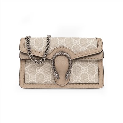 【GUCCI 古馳】476432 經典Dionysus系列GG Supreme帆布迷你酒神手拿包/斜背包 (燕麥色)