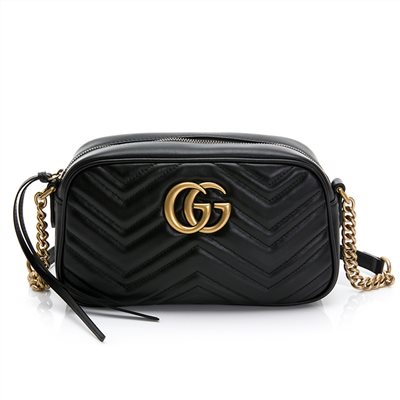 【GUCCI 古馳】447632 經典GG Marmont系列仿舊金色LOGO牛皮山字車紋肩背斜背相機包(黑色)