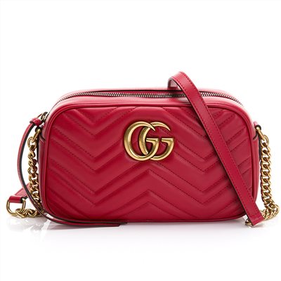 【GUCCI 古馳】447632 經典GG Marmont系列仿舊金色LOGO牛皮山字車紋肩背斜背相機包(紅色)