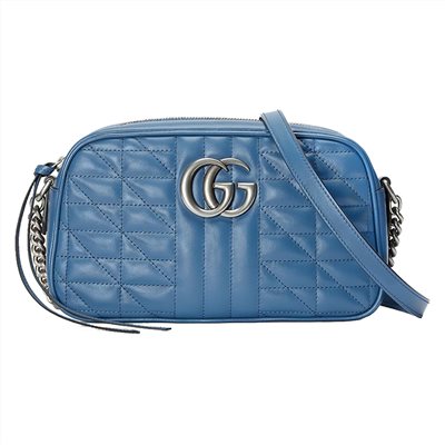 【GUCCI 古馳】447632 經典GG Marmont系列仿舊銀色雙G LOGO牛皮拉鍊相機包斜背包 (藍色)