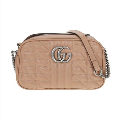 【GUCCI 古馳】447632 經典GG Marmont系列仿舊銀色雙G LOGO牛皮山字車紋拉鍊肩背包 (膚色)