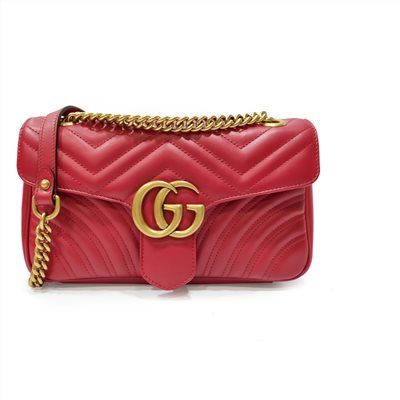 【GUCCI 古馳】443497 經典Marmont 系列仿舊金色雙G LOGO牛皮山字車紋壓釦肩/斜背包(紅色26cm)