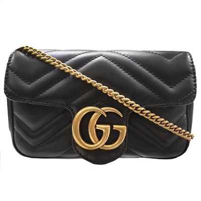 【GUCCI 古馳】476433 經典Marmont系列仿舊金色GG LOGO牛皮山字紋MINI款手拿/腰包/肩背/斜背包(黑色)