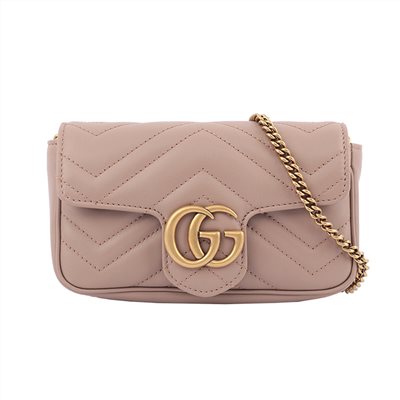 【GUCCI 古馳】476433 經典Marmont系列仿舊金色GG LOGO牛皮山字紋MINI款手拿/腰包/肩背/斜背包(藕粉)