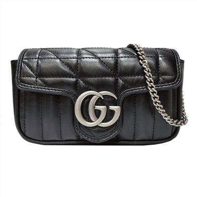 【GUCCI 古馳】476433 經典Marmont supermini復古銀釦翻蓋肩背/斜背包(黑色)