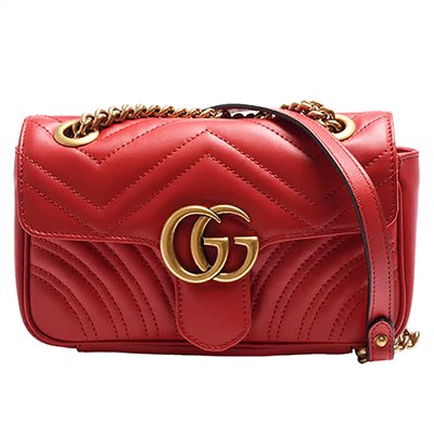【GUCCI 古馳】446744 經典Marmont系列復古GG LOGO金釦翻蓋斜背鍊包(紅色22cm)