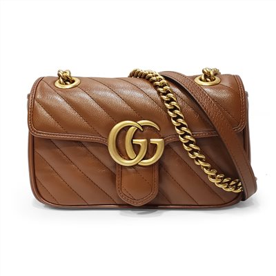 【GUCCI 古馳】446744 經典Marmont系列復古GG LOGO金釦翻蓋斜背鍊包(焦糖色22cm)