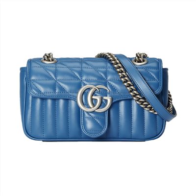 【GUCCI 古馳】446744 經典GG Marmont絎縫系列銀釦掀蓋肩背/斜背包(藍色22cm)