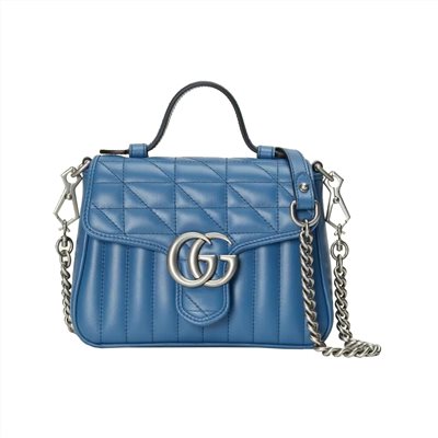 【GUCCI 古馳】583571 經典Marmont mini仿舊銀色 LOGO牛皮暗釦手提/斜背包(藍色)