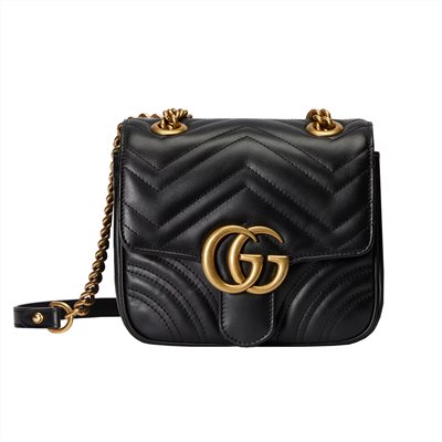 【GUCCI 古馳】739682 經典Marmont系列仿舊金屬雙G LOGO方形肩背/斜肩包(黑色)