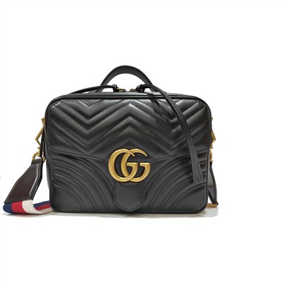 【GUCCI 古馳】498100 經典GG Marmont 仿舊金色 LOGO牛皮暗釦手提/斜背/化妝兩用包(黑色)