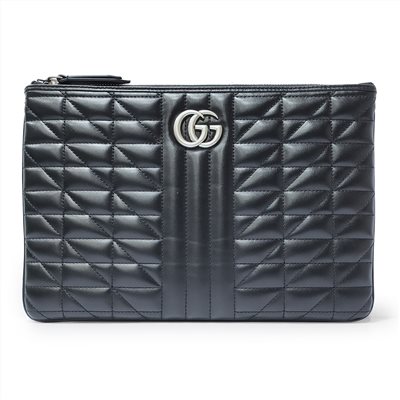 【GUCCI 古馳】525541 經典GG Marmont絎縫系列復古銀釦手拿包(黑色)
