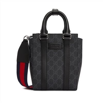 【GUCCI 古馳】696010 經典GG Supreme帆布迷你中性款手提/斜背手機兩用包(黑灰色)