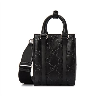 【GUCCI 古馳】696010 經典GG LOGO皮革壓紋迷你中性款手提/斜背手機兩用包(黑色)