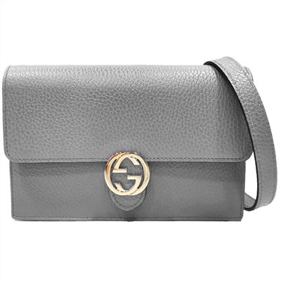 【GUCCI 古馳】615523 經典雙G金屬LOGO荔枝紋牛皮鏈帶扣式斜背包(灰色)