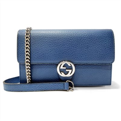 【GUCCI 古馳】510314 經典雙G金屬LOGO荔枝紋牛皮鏈帶扣式斜背包(藍色)