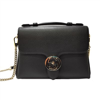 【GUCCI 古馳】510302經典雙G LOGO荔枝紋全皮單鍊肩背/斜背包/手提兩用包(黑色)