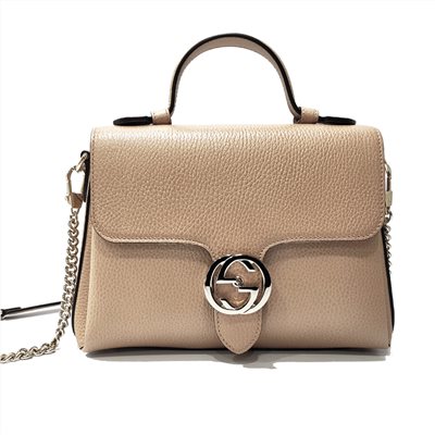【GUCCI 古馳】510302經典雙G LOGO荔枝紋全皮單鍊肩背/斜背包/手提兩用包(膚色)