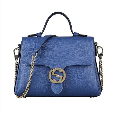 【GUCCI 古馳】510302 經典雙G LOGO荔枝紋全皮單鍊肩背/斜背包/手提兩用包 (藍色)