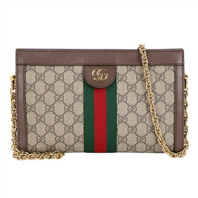 【GUCCI 古馳】503877 經典Ophidia系列GG帆布印花雙色織帶皮革飾邊磁釦開口手拿/肩背鍊包(棕色)