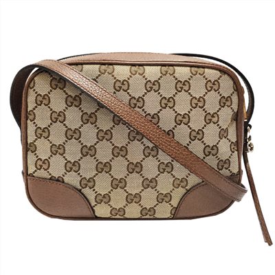 【GUCCI 古馳】449413 經典GG LOGO緹花布牛皮飾邊肩背相機包(棕色)