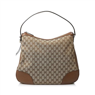 【GUCCI 古馳】449244 經典雙G緹花皮革飾邊腋下包/手提/肩背包(棕色)