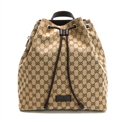 【GUCCI 古馳】449175 經典雙G LOGO牛皮飾邊束口後背包(棕色)