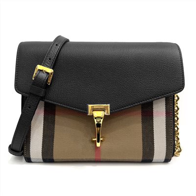 【BURBERRY 巴寶莉】80803211經典Small Macken系列格紋棉麻拼色肩背/斜背郵差包(黑色)