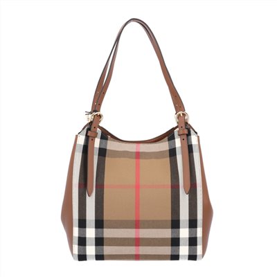 【BURBERRY 巴寶莉】80737861 經典格紋拼接皮革手提單肩包(棕色)