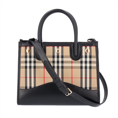【BURBERRY 巴寶莉】80754231  經典Title系列格紋拼皮革手提斜背兩用包(黑色)