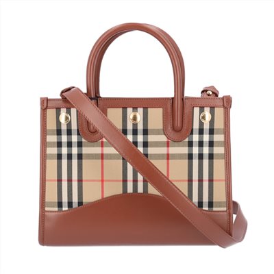 【BURBERRY 巴寶莉】80754241 經典Title系列格紋拼皮革手提斜背兩用包(棕色)