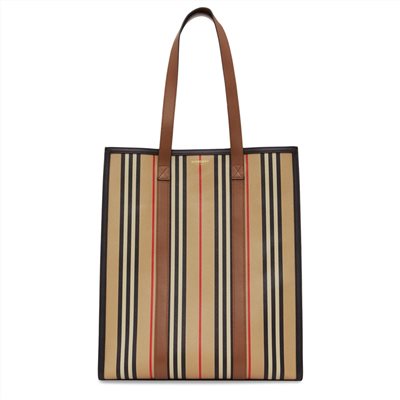 【BURBERRY 巴寶莉】80784361 經典LOGO拼條紋帆布豎版托特肩背包(卡其色)