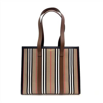 【BURBERRY 巴寶莉】80730561 經典LOGO拼條紋帆布托特肩背包(卡其色)