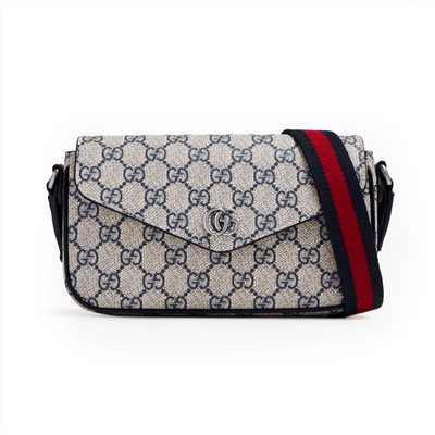 【GUCCI 】764961 經典ophidia系列GG supreme帆布迷你翻蓋肩背/斜背包(藍黑色)