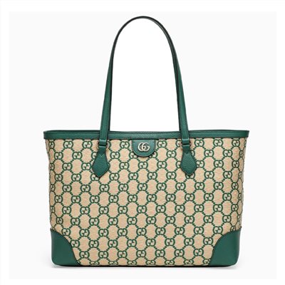 【GUCCI 古馳】631685 經典GG LOGO系列草編拉菲草牛皮飾邊手提肩背媽媽包購物包(綠色)