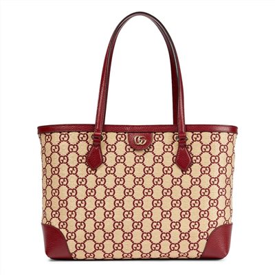 【GUCCI 古馳】631685 經典GG LOGO系列草編拉菲草牛皮飾邊手提肩背媽媽包購物包(紅色)