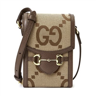 【GUCCI 古馳】625615 經典1955系列Jumbo GG帆布馬銜扣肩背斜背手機包(棕色)
