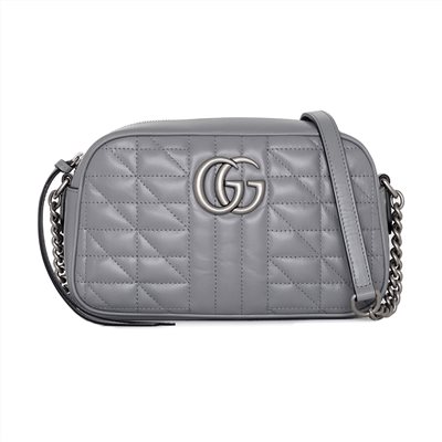 【GUCCI 古馳】447632 經典GG Marmont系列仿舊銀色雙G LOGO牛皮拉鍊相機包斜背包 (灰色)