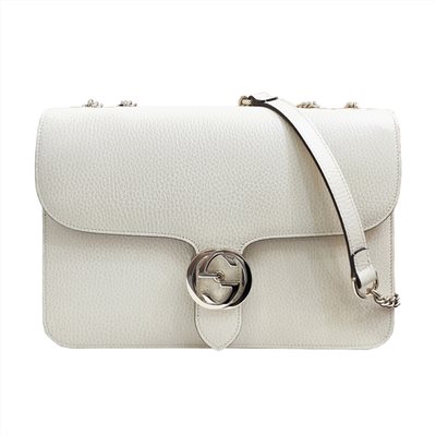 【GUCCI 古馳】510303 經典Interlocking系列雙G LOGO全皮革淡金鍊肩背/斜背包(白色)